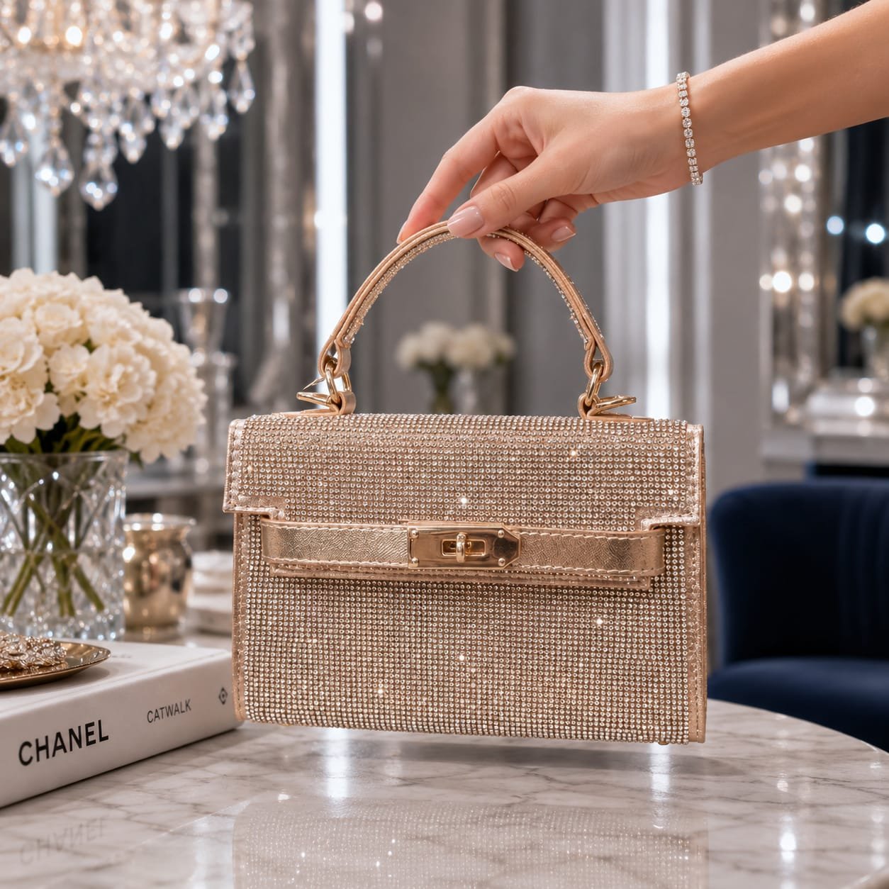 Sparkling Rhinestone Mini Kelly-Style Top-Handle Bag