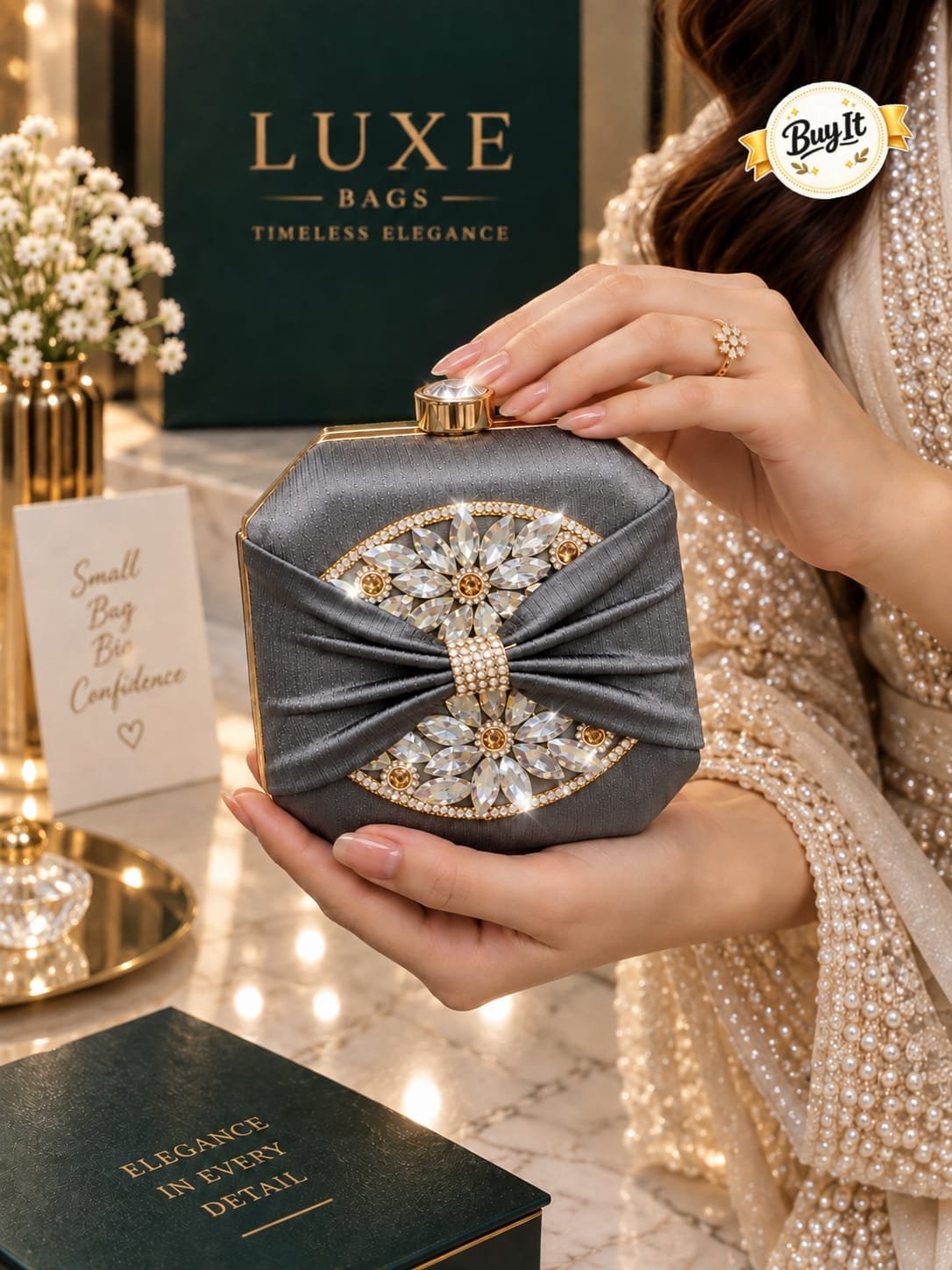 Crystal Brooch Silk Bow Evening Clutch Bag