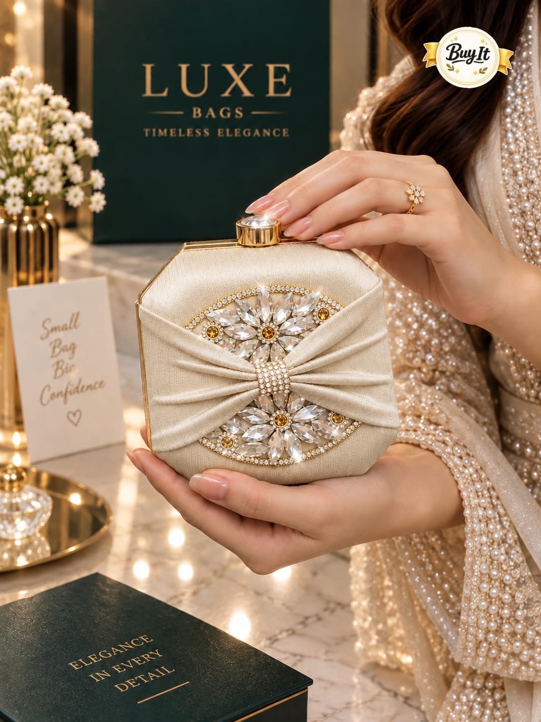 Crystal Brooch Silk Bow Evening Clutch Bag