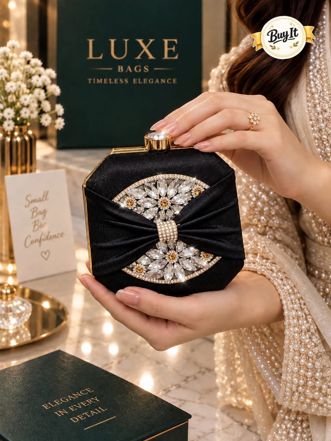 Crystal Brooch Silk Bow Evening Clutch Bag