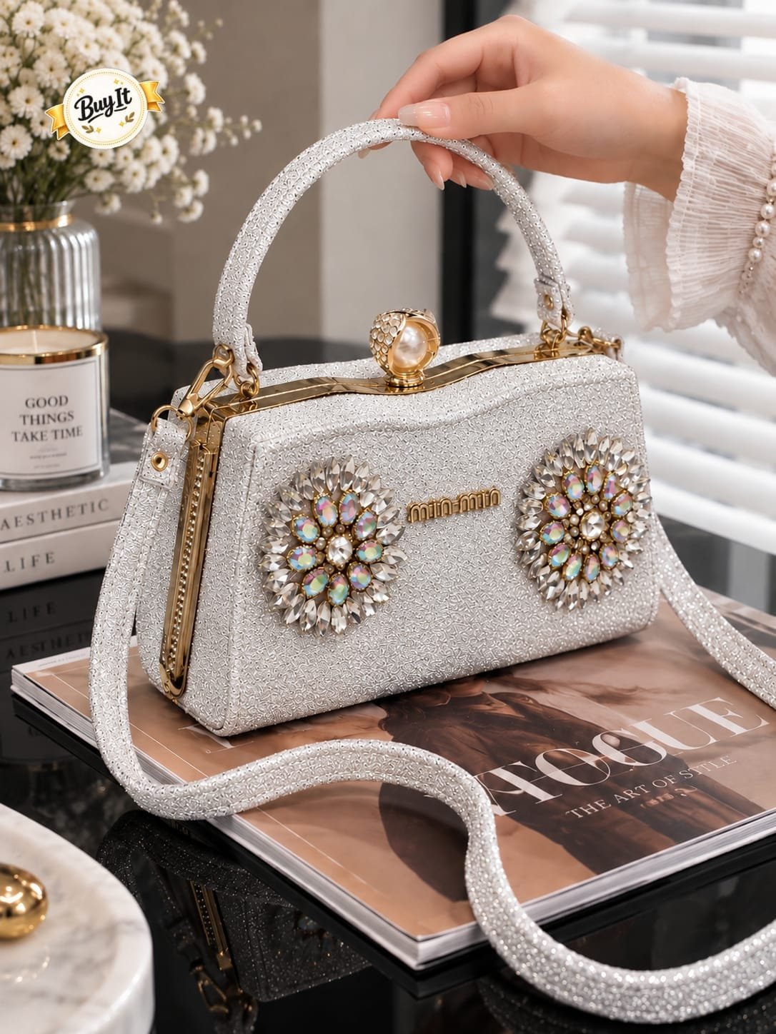 Dual Crystal Sunburst Shimmer Evening Frame Bag