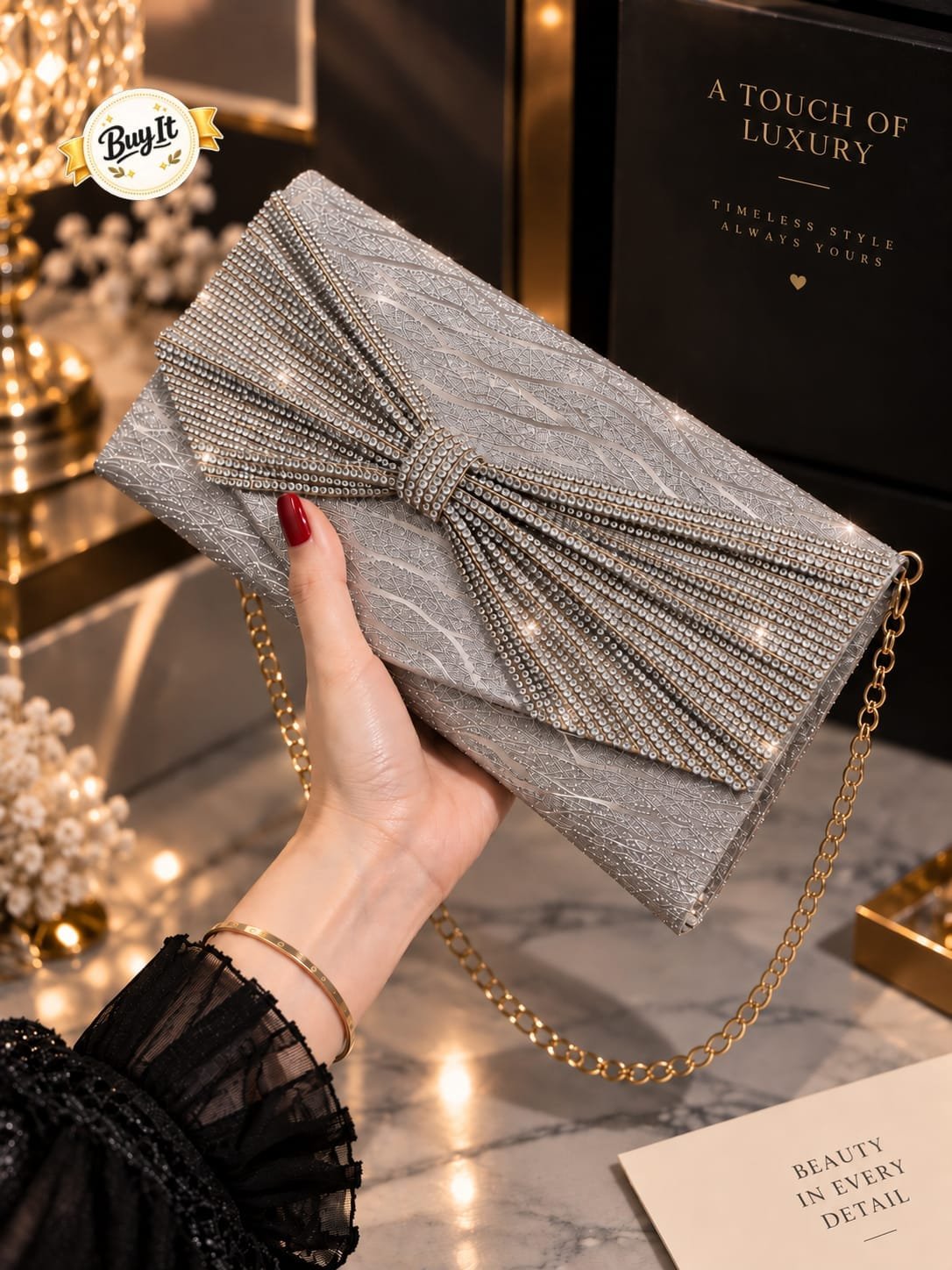 Glamorous Crystal Bow Foldover Party Envelope Bag
