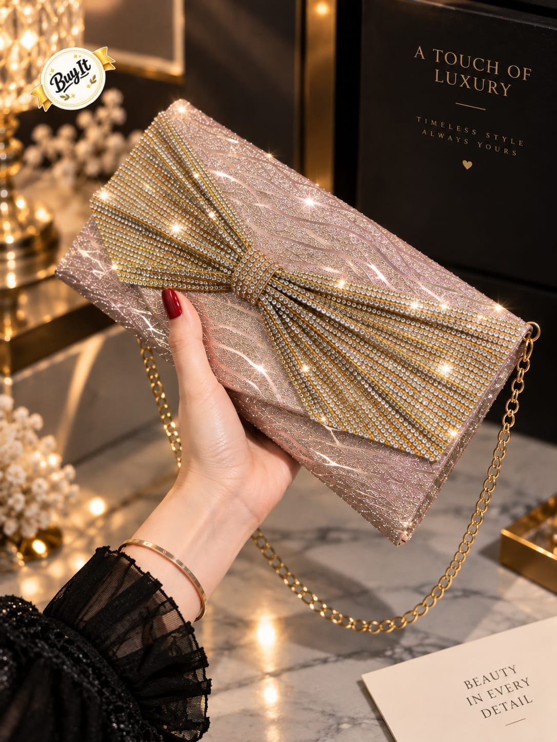 Glamorous Crystal Bow Foldover Party Envelope Bag