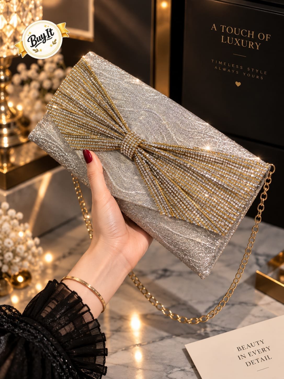 Glamorous Crystal Bow Foldover Party Envelope Bag