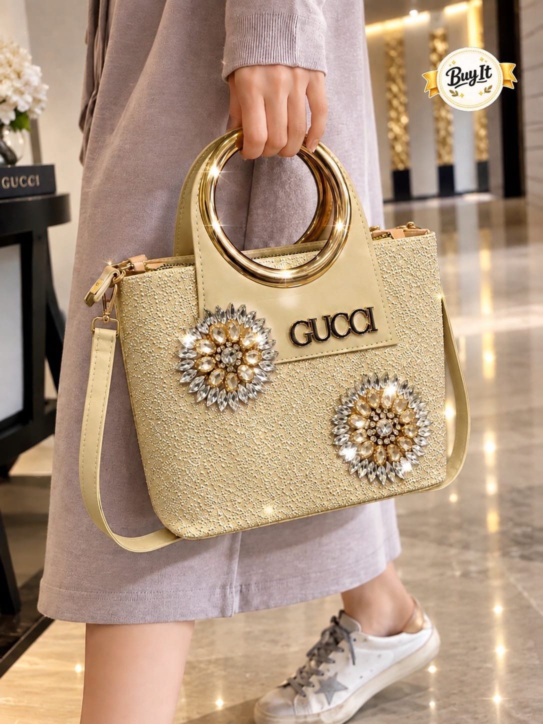 Crystal Sunflower Embellished Ring Top-Handle Tote