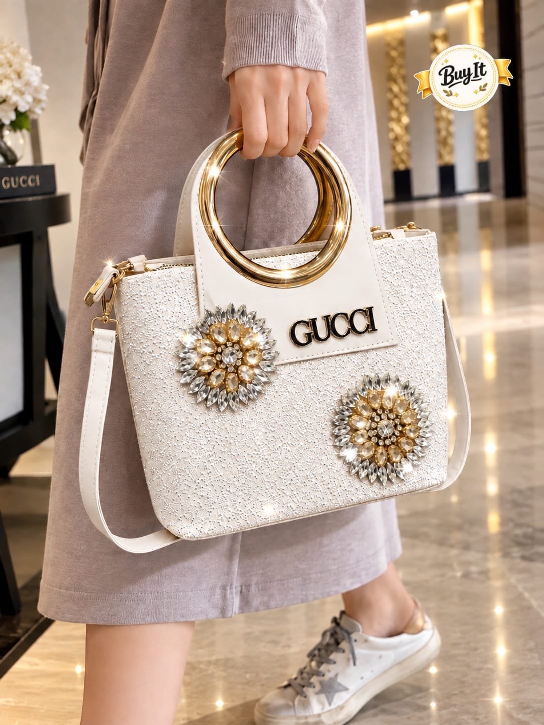 Crystal Sunflower Embellished Ring Top-Handle Tote