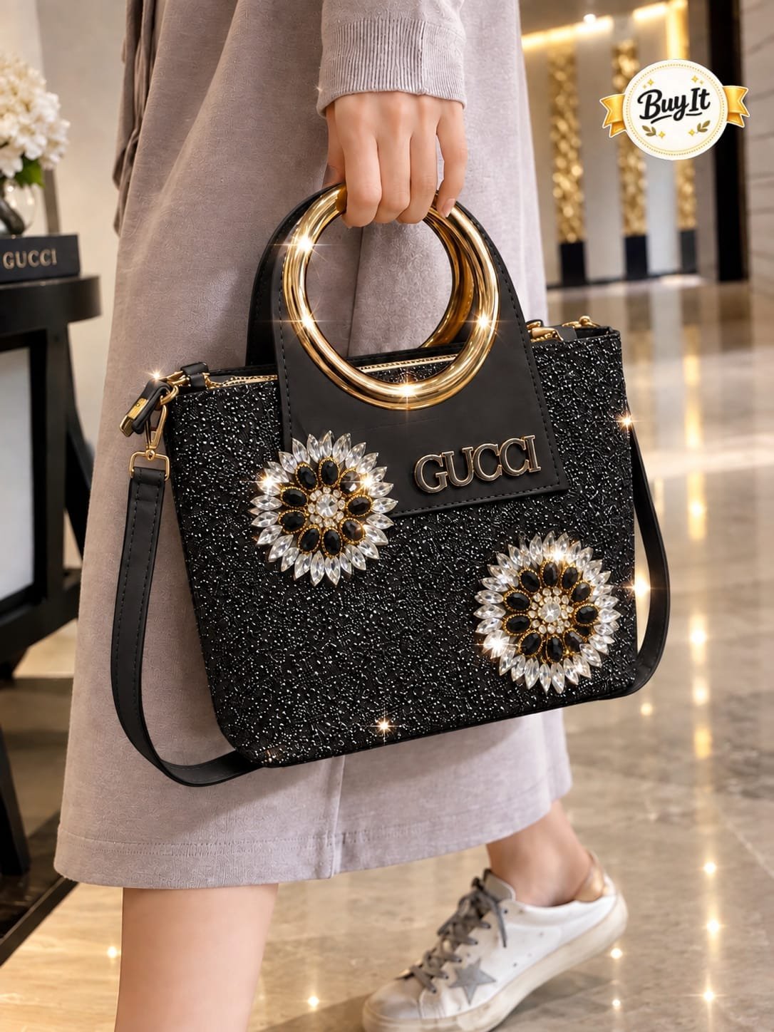Crystal Sunflower Embellished Ring Top-Handle Tote
