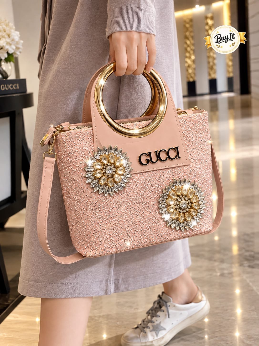 Crystal Sunflower Embellished Ring Top-Handle Tote