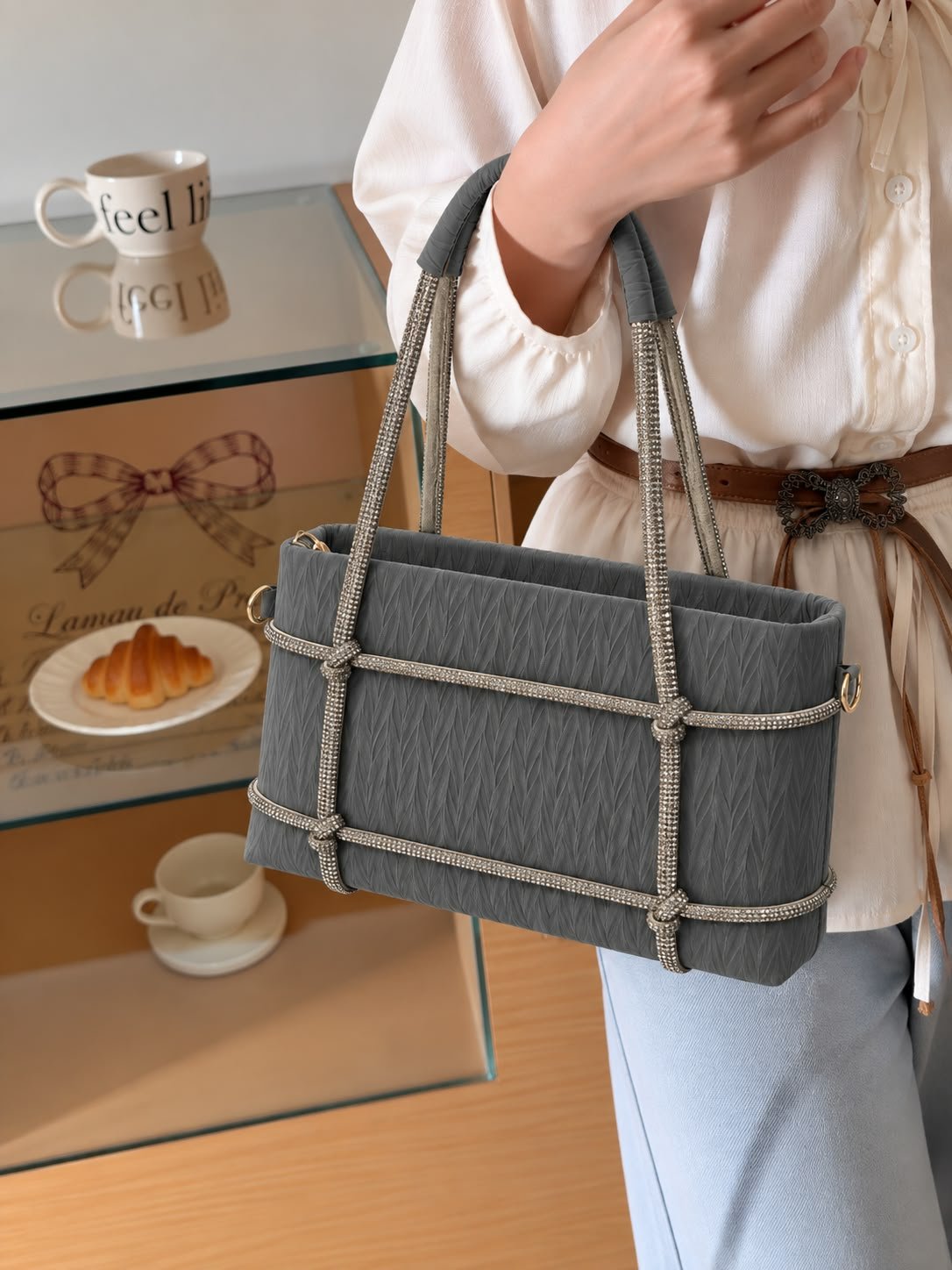 Rhinestone Lattice Textured Shoulder Bag