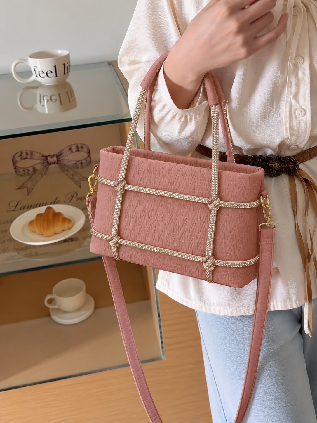Rhinestone Lattice Textured Shoulder Bag