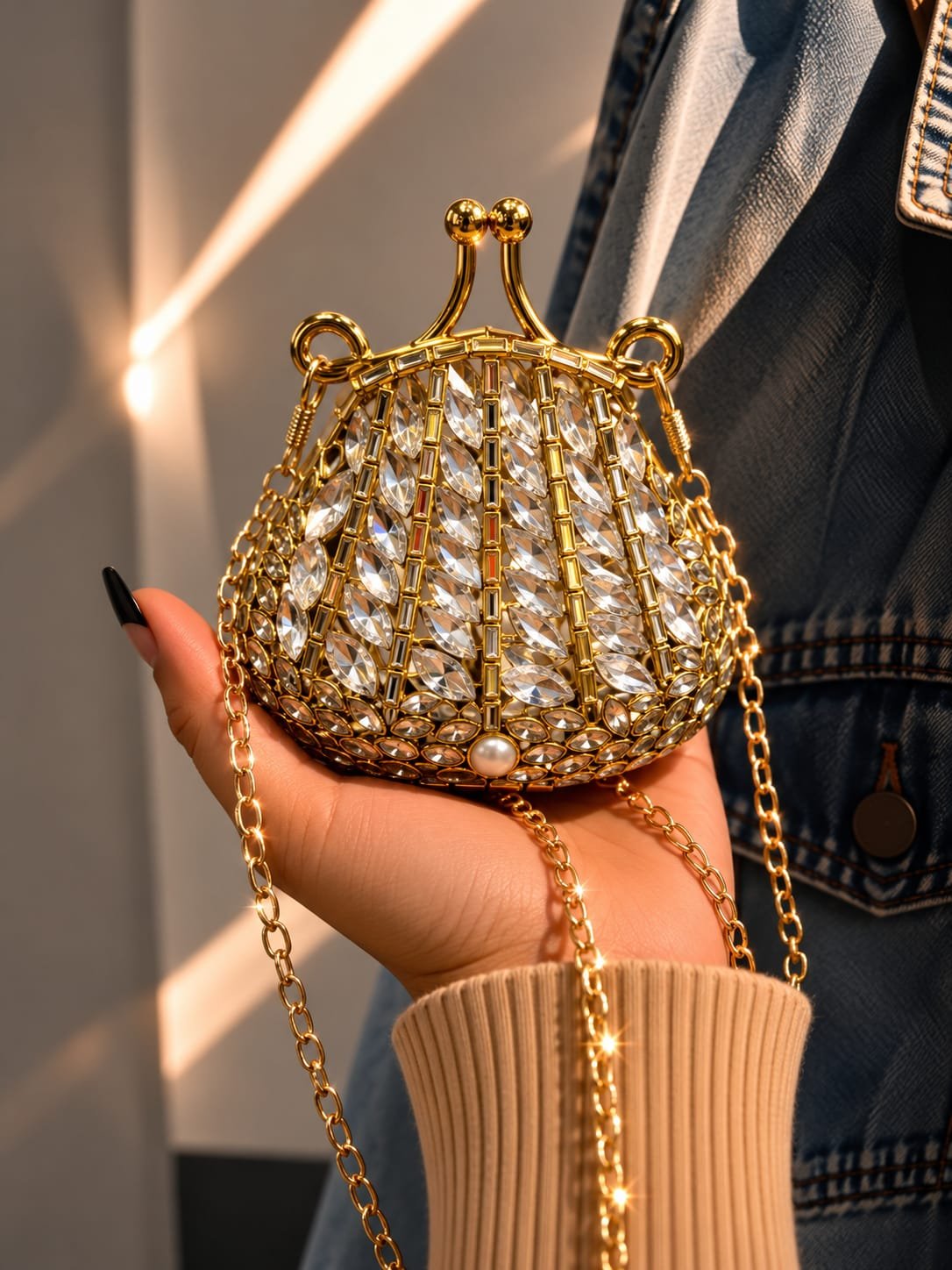 Heart-Shaped Crystal Leaf Embellished Evening Clutch