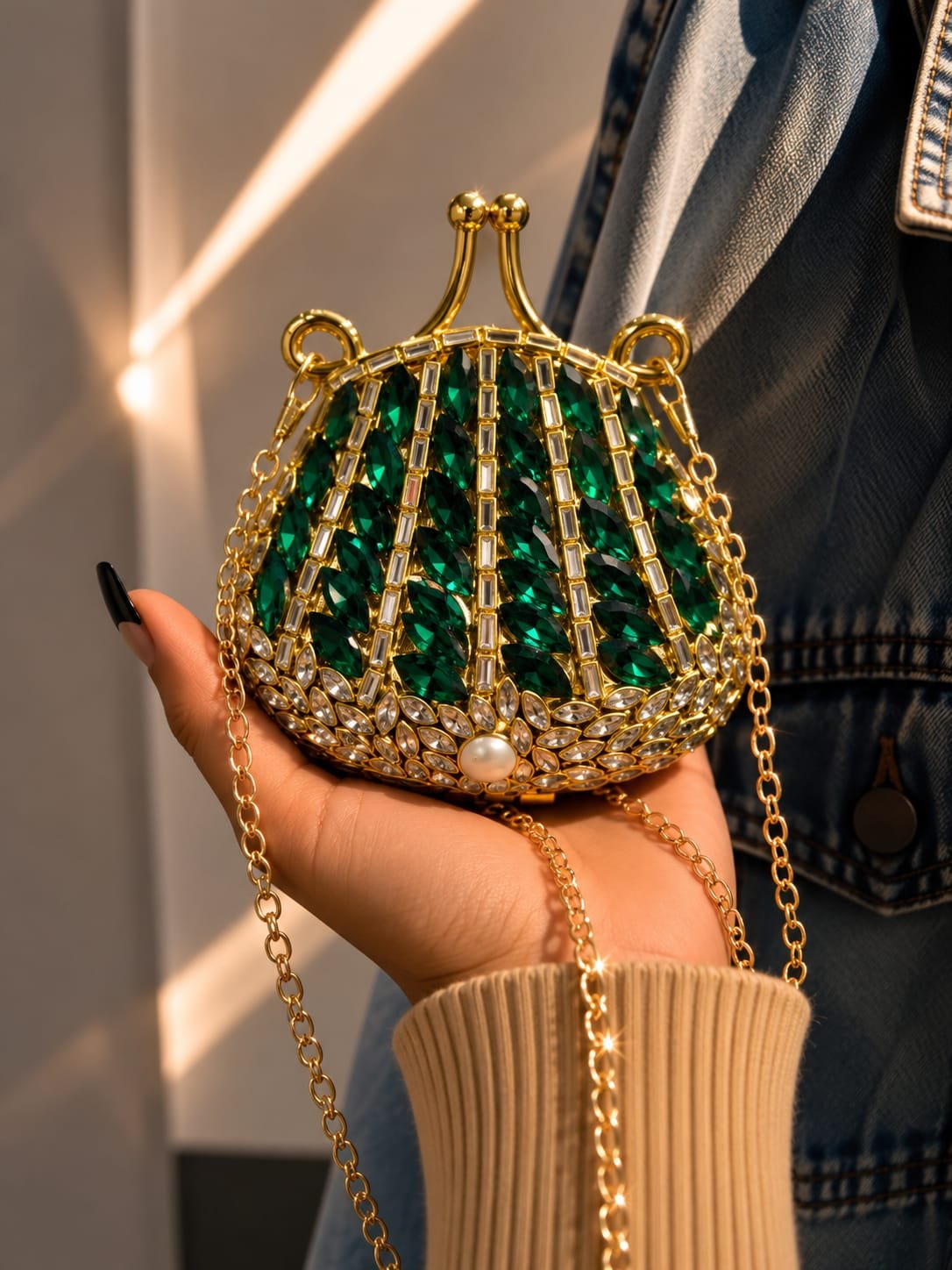 Heart-Shaped Crystal Leaf Embellished Evening Clutch