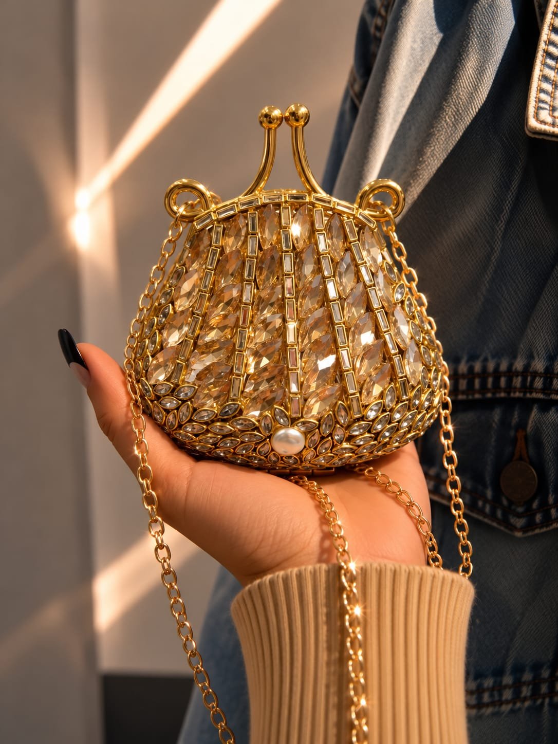 Heart-Shaped Crystal Leaf Embellished Evening Clutch