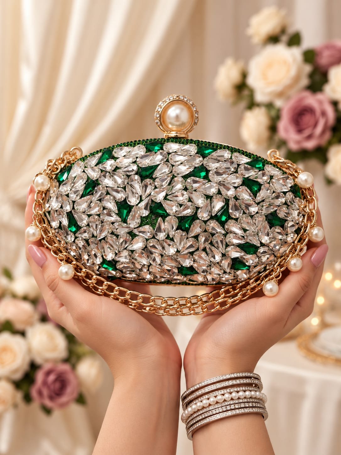 Teardrop Crystal Oval Pearl-Draped Evening Clutch