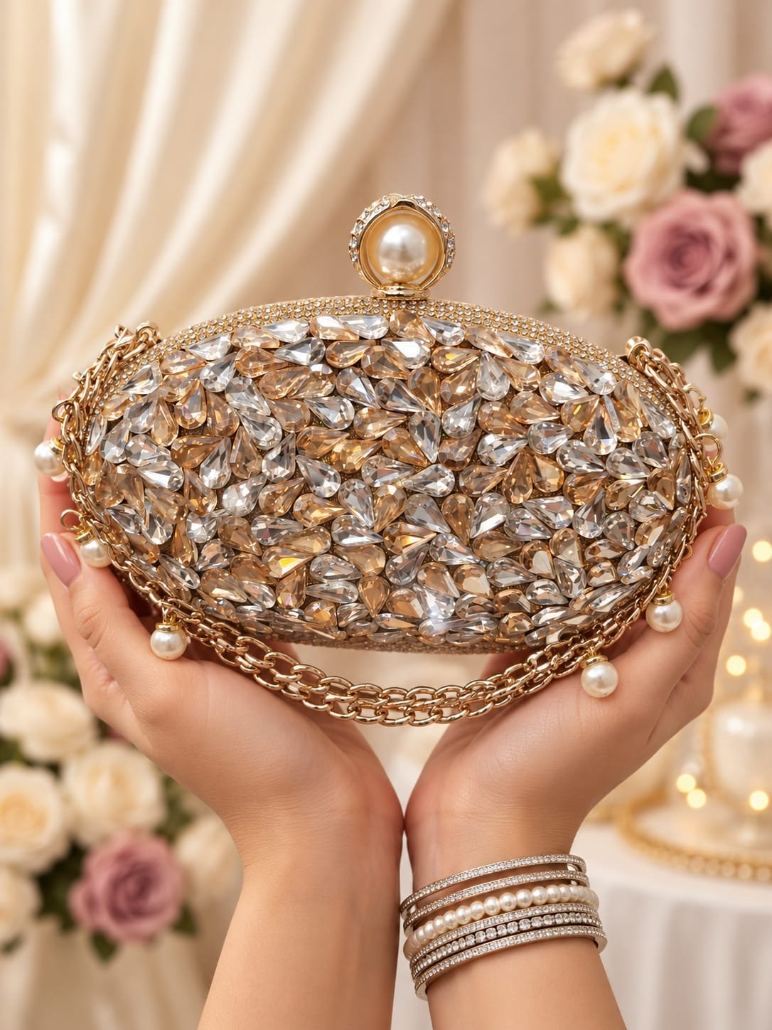 Teardrop Crystal Oval Pearl-Draped Evening Clutch