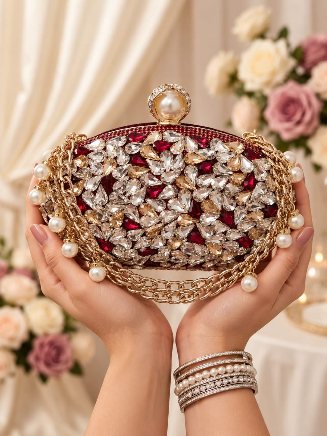 Teardrop Crystal Oval Pearl-Draped Evening Clutch