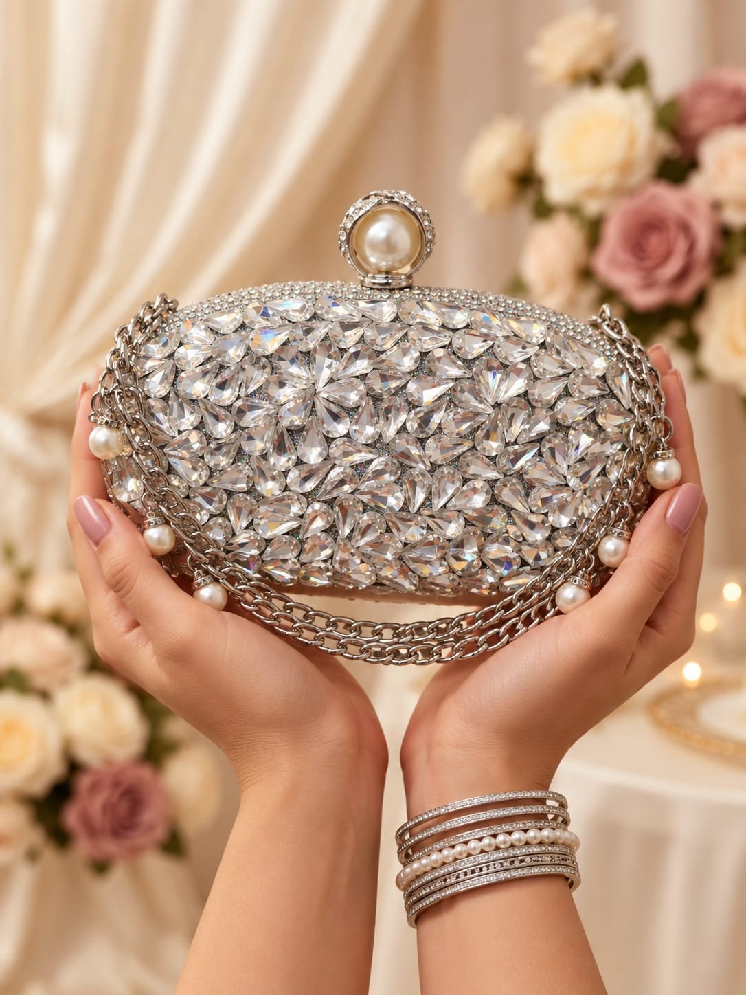 Teardrop Crystal Oval Pearl-Draped Evening Clutch