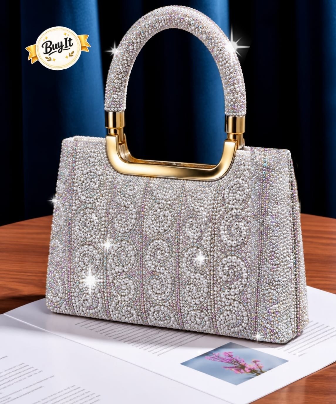 Pearl & Crystal Swirl Embellished Evening Tote