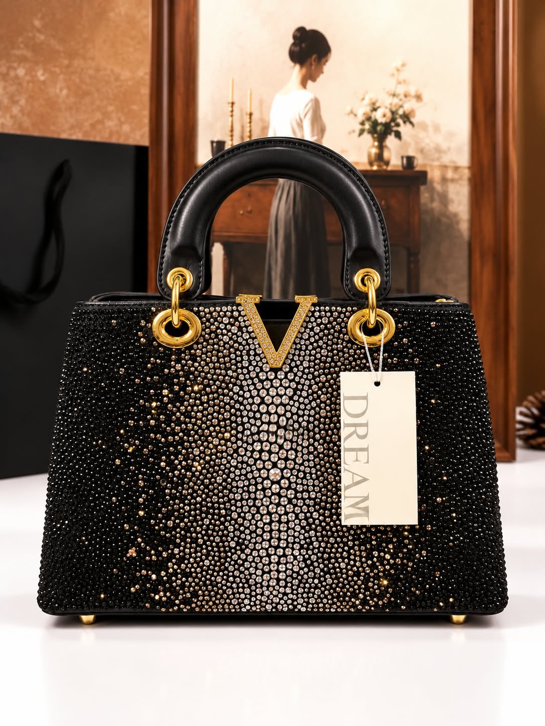 Graduated Rhinestone Top-Handle Satchel with V-Emblem