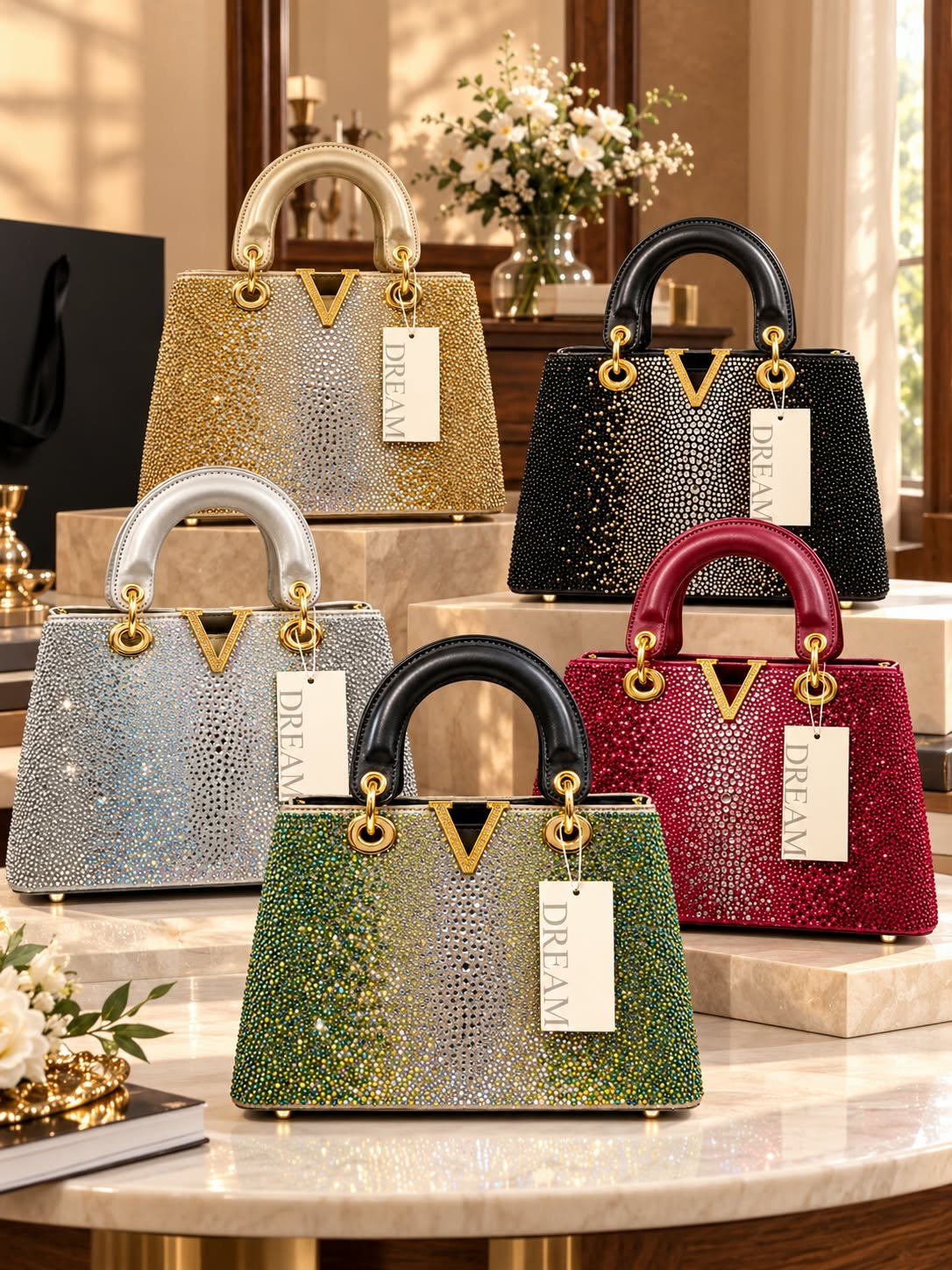 Graduated Rhinestone Top-Handle Satchel with V-Emblem