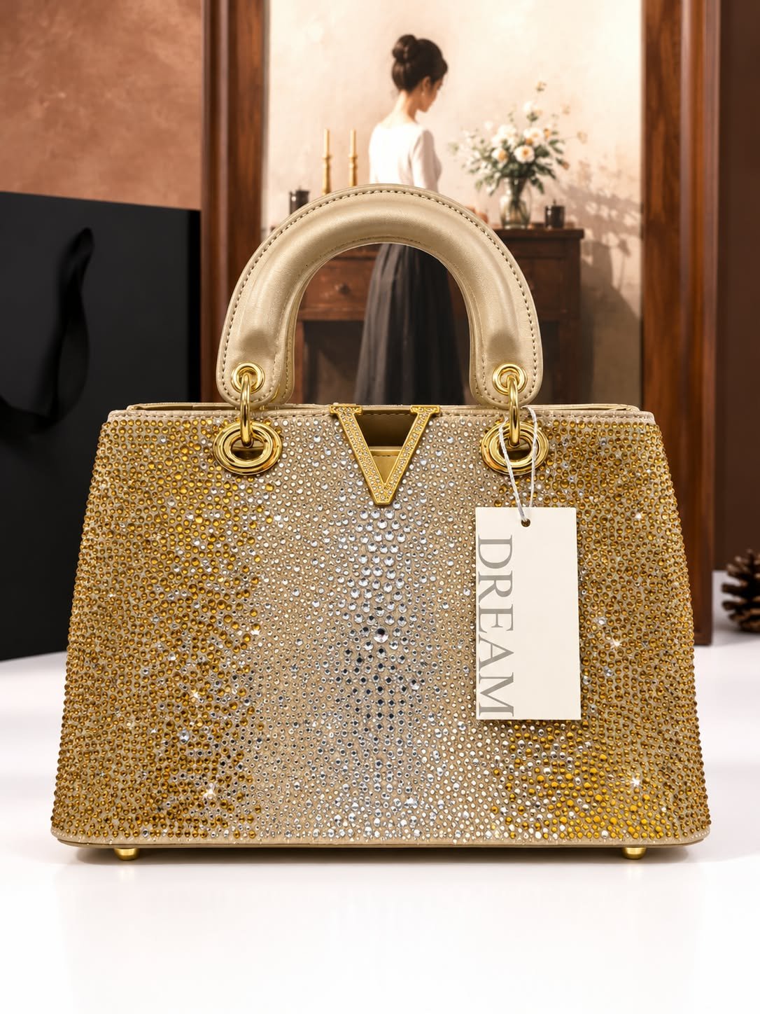 Graduated Rhinestone Top-Handle Satchel with V-Emblem