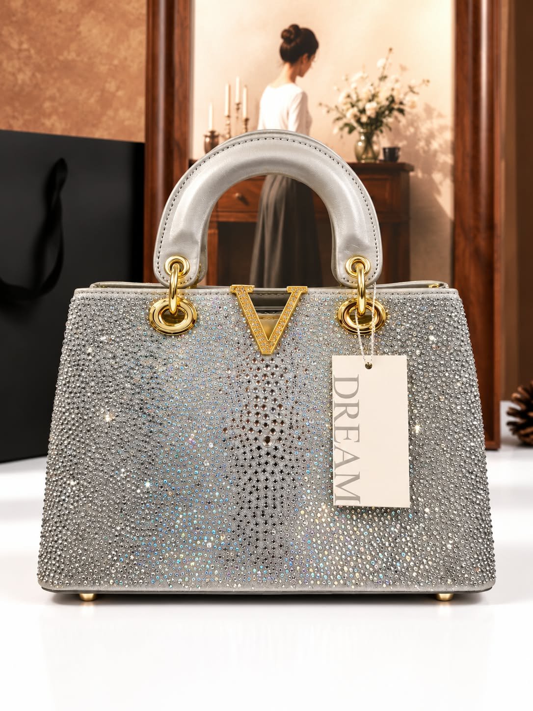 Graduated Rhinestone Top-Handle Satchel with V-Emblem