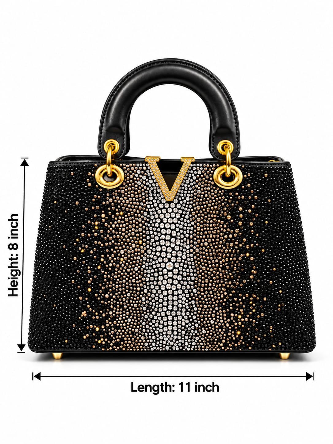 Graduated Rhinestone Top-Handle Satchel with V-Emblem