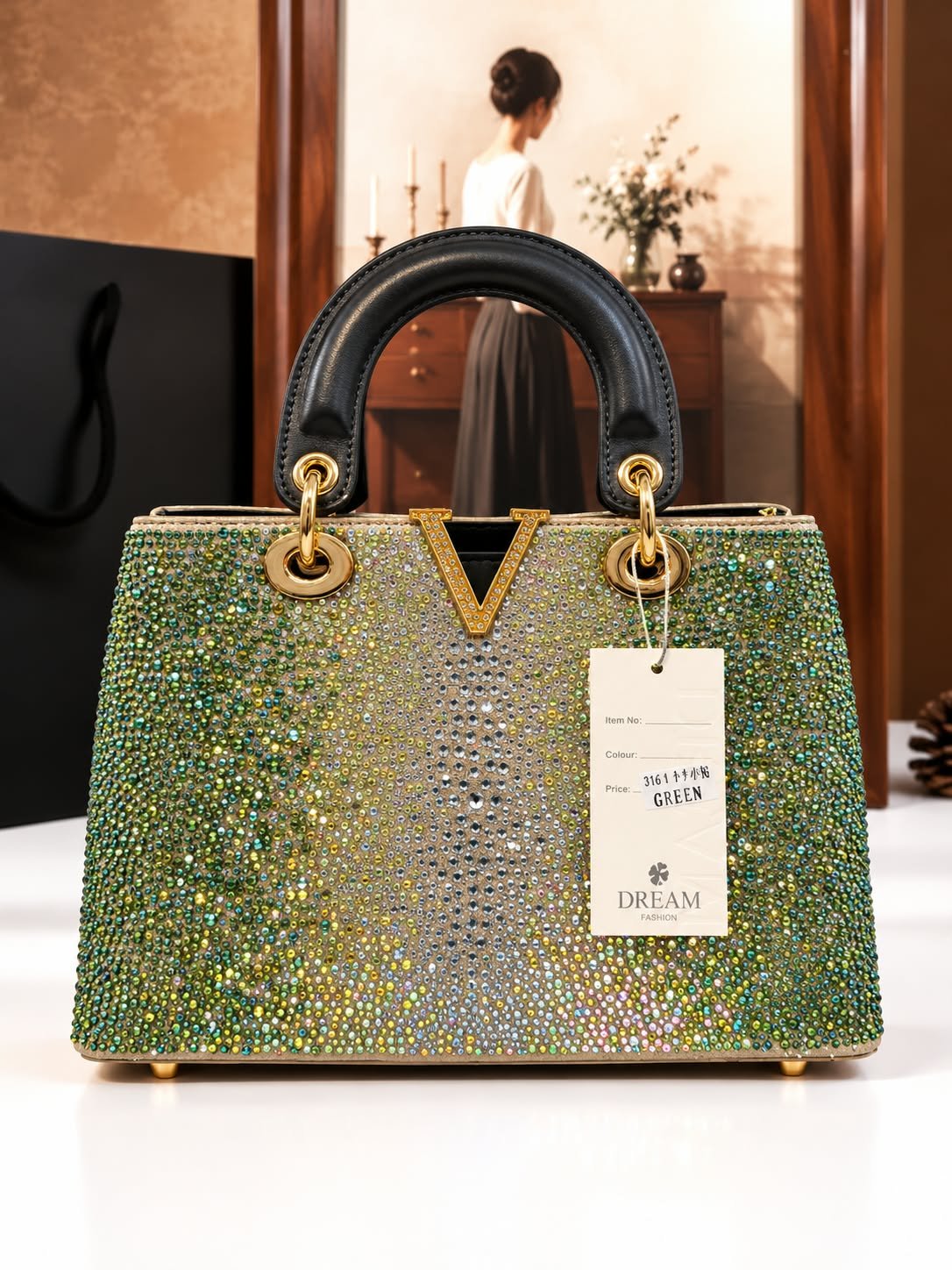 Graduated Rhinestone Top-Handle Satchel with V-Emblem