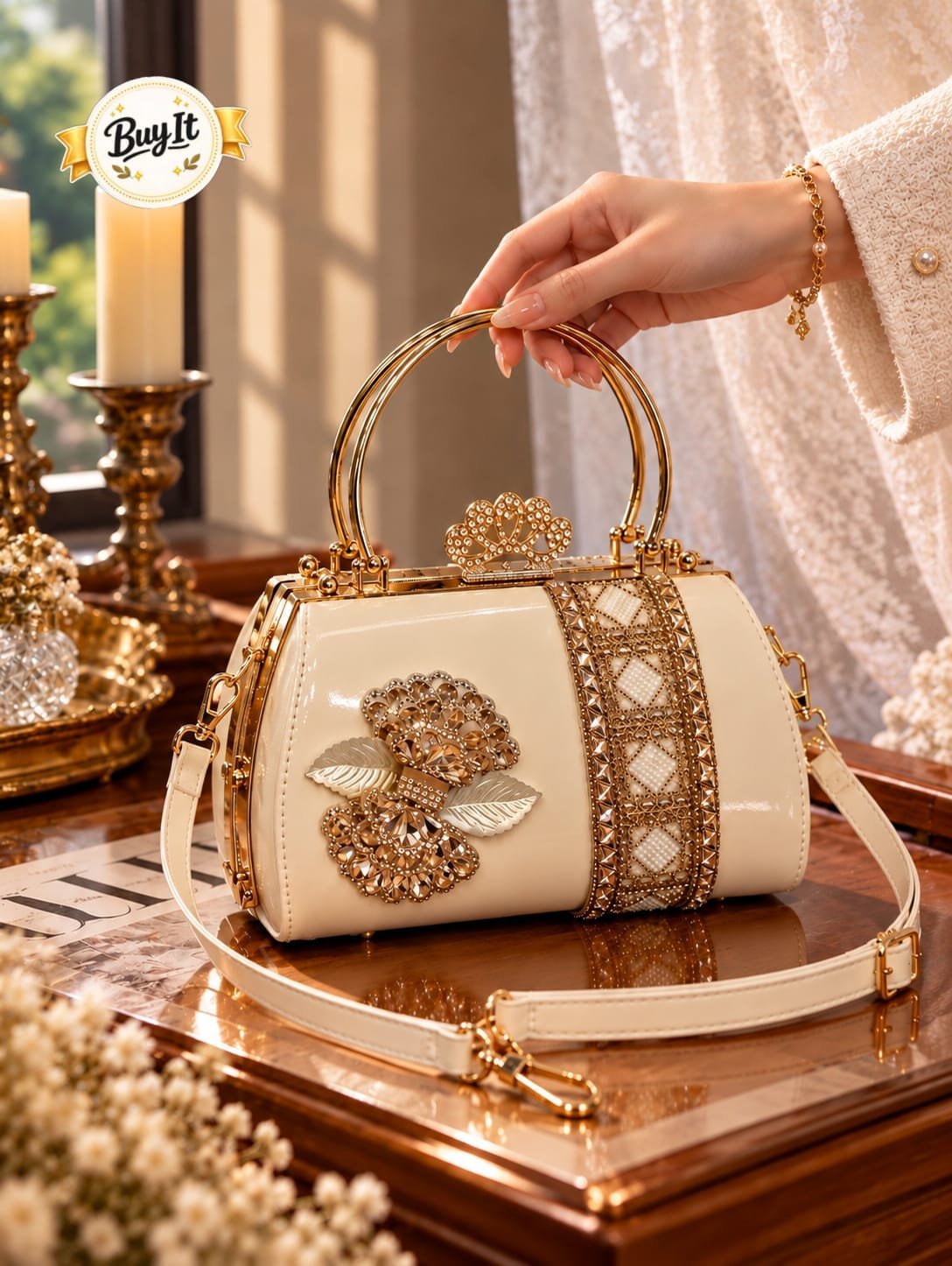 Royal Crystal Patent Frame Handbag