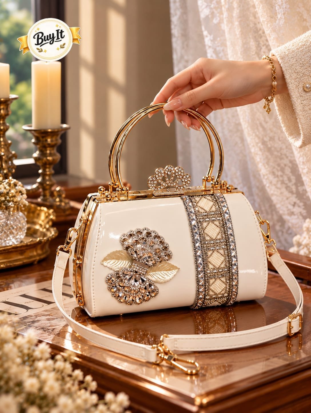 Royal Crystal Patent Frame Handbag