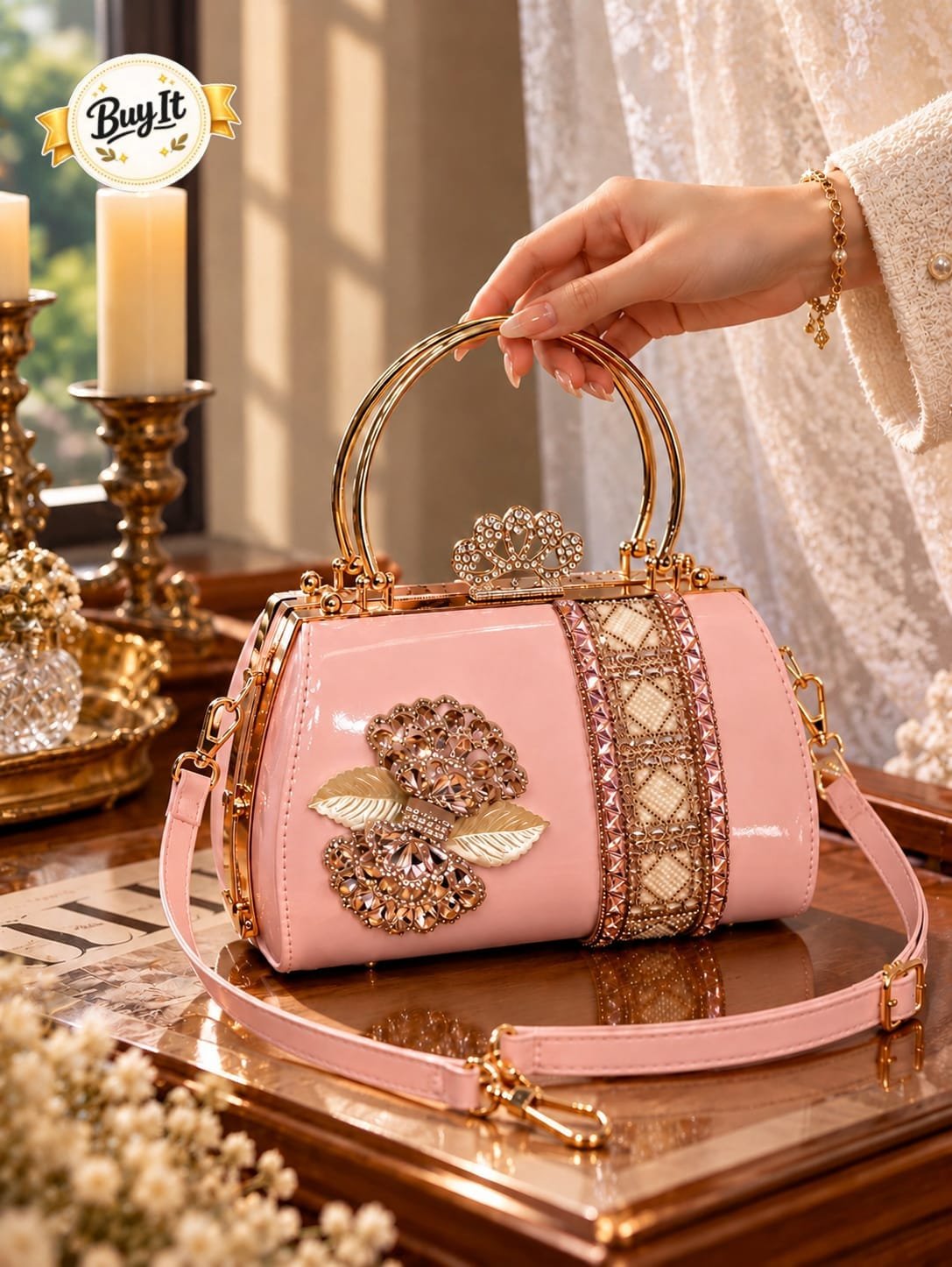 Royal Crystal Patent Frame Handbag