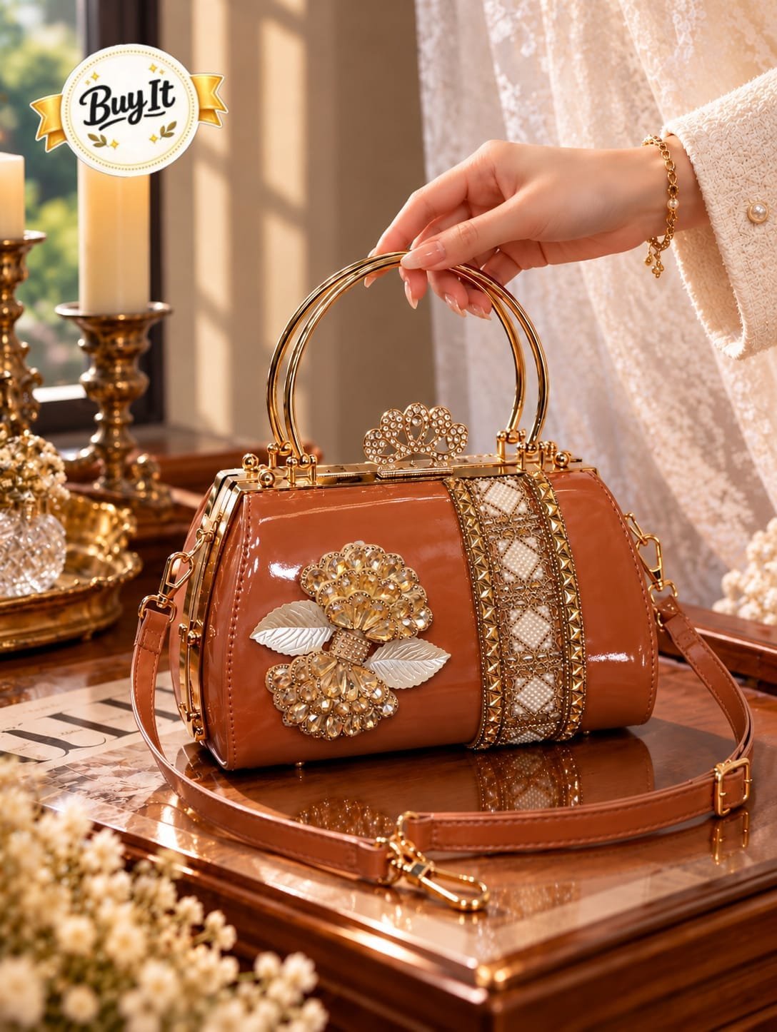 Royal Crystal Patent Frame Handbag