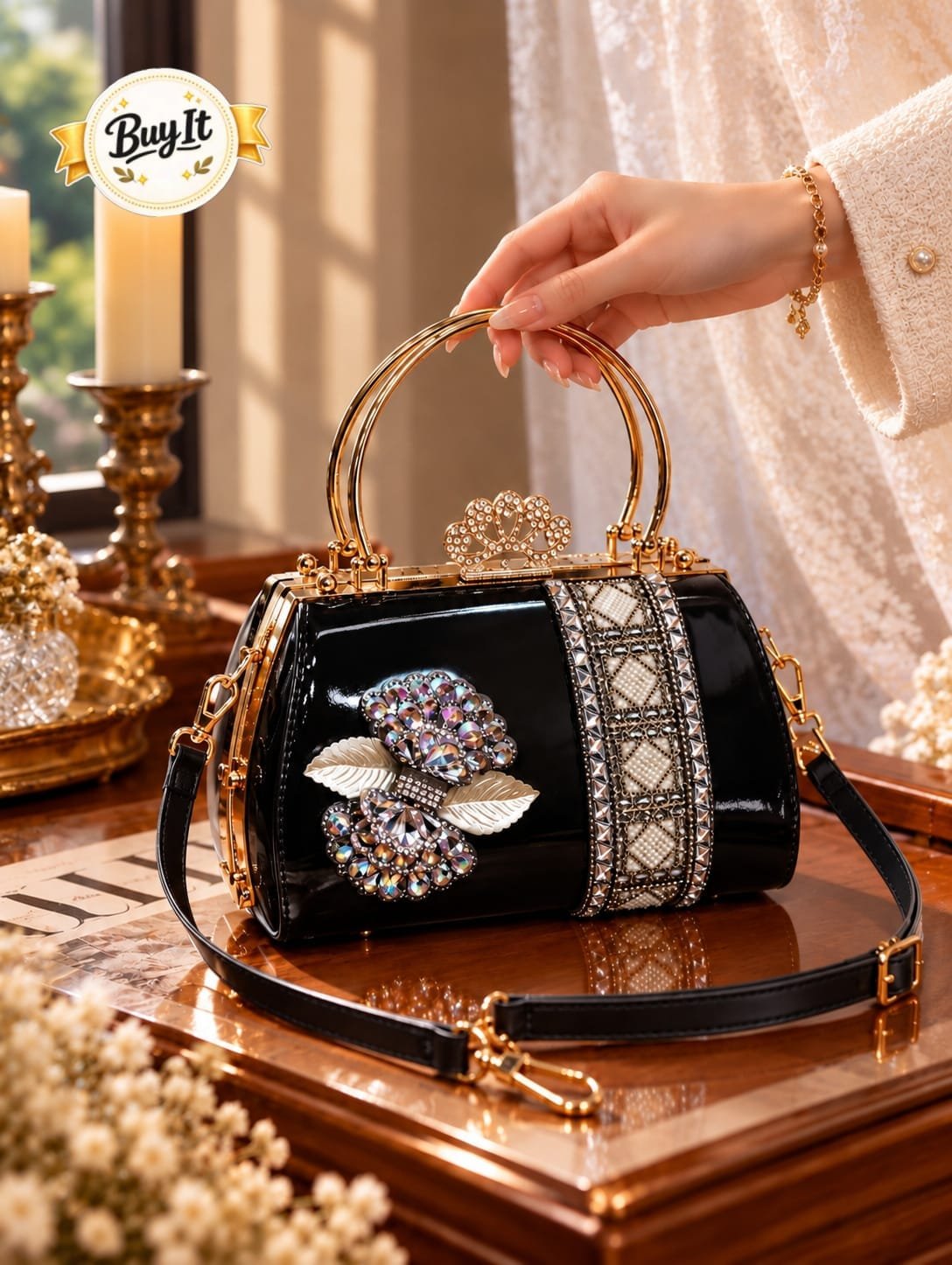 Royal Crystal Patent Frame Handbag