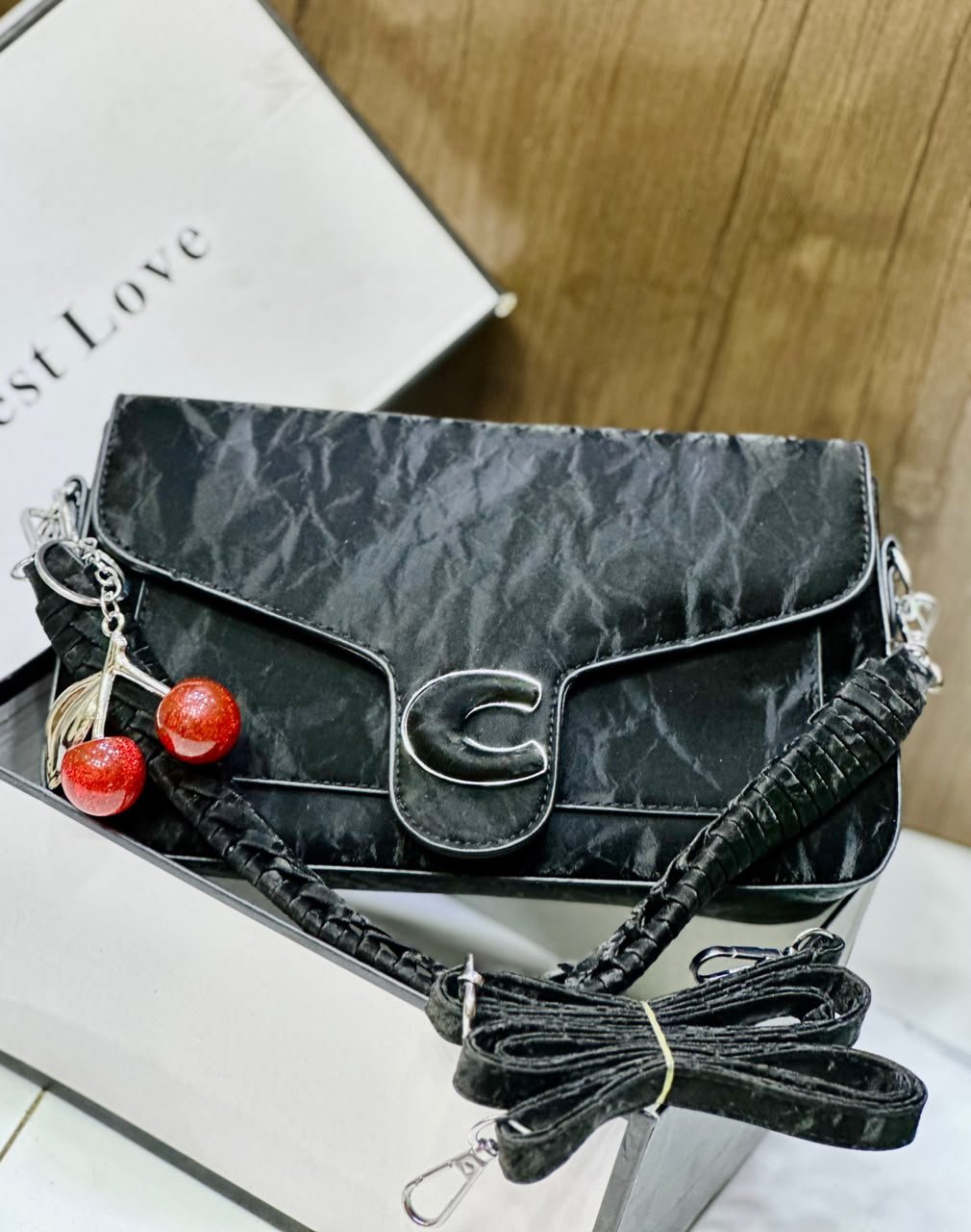 Crinkled Leather C-Logo Crossbody Bag
