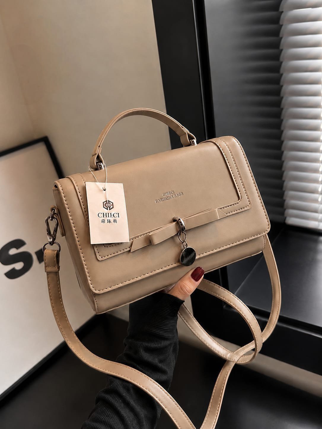 Elegant Leatherette Flap Shoulder Bag with Bow Detail
