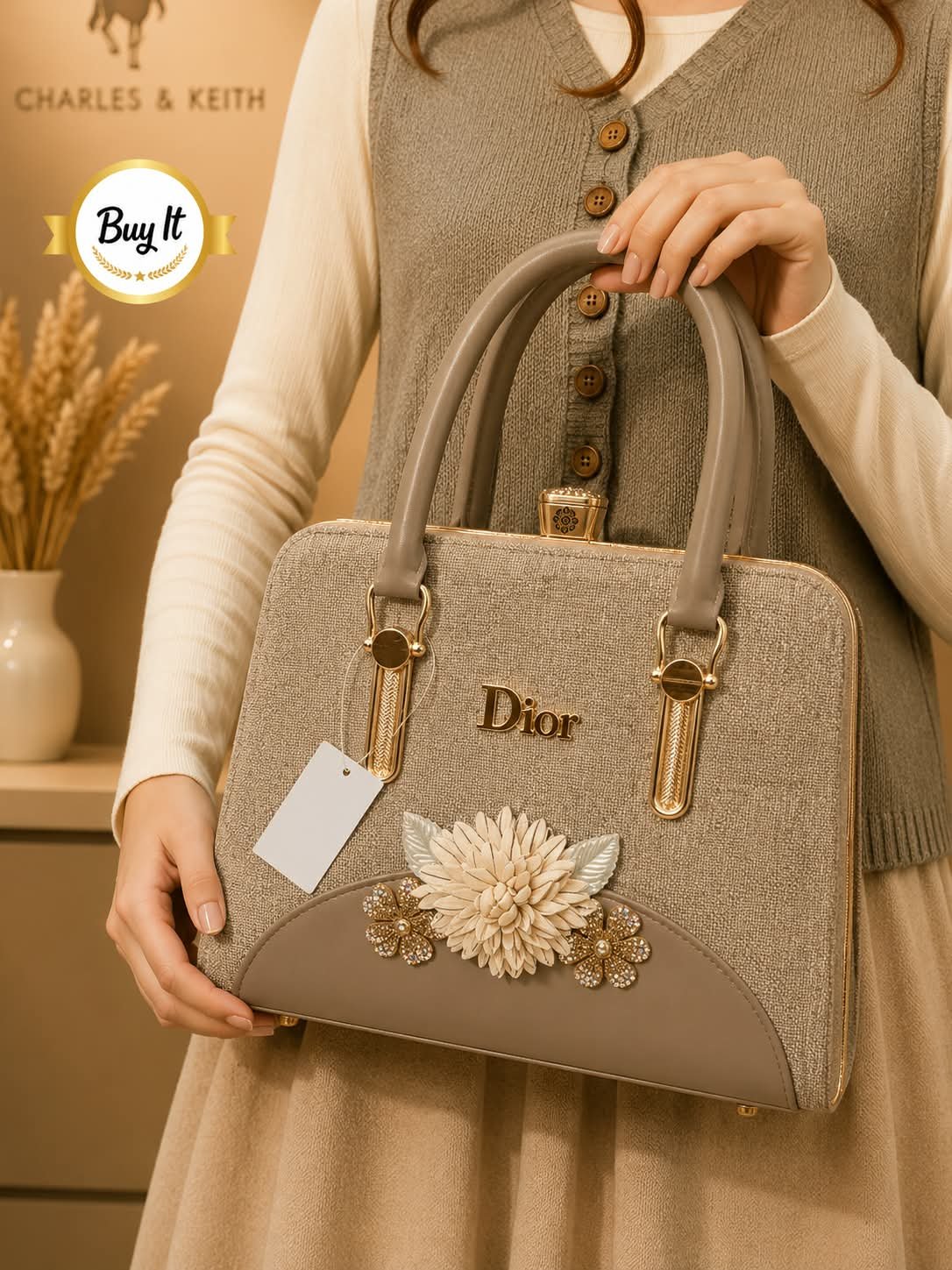 Floral Embellished Tweed Frame Handbag