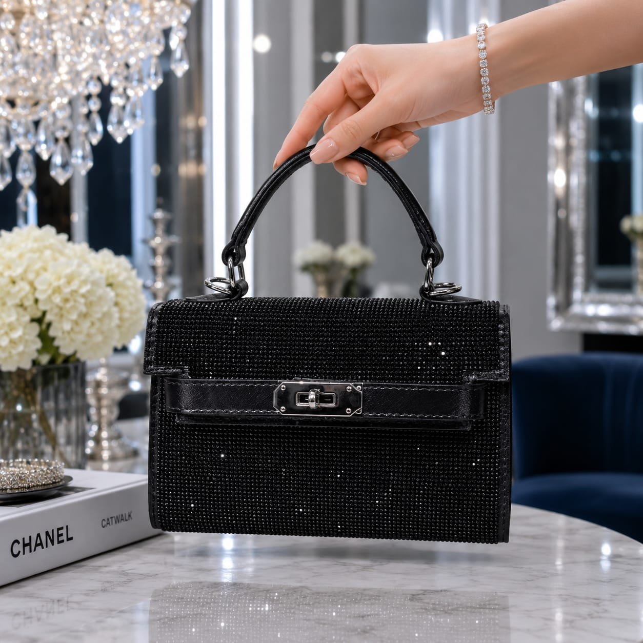Sparkling Rhinestone Mini Kelly-Style Top-Handle Bag