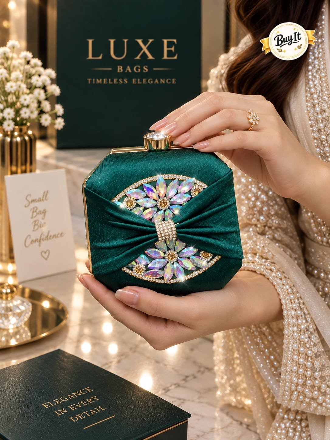 Crystal Brooch Silk Bow Evening Clutch Bag