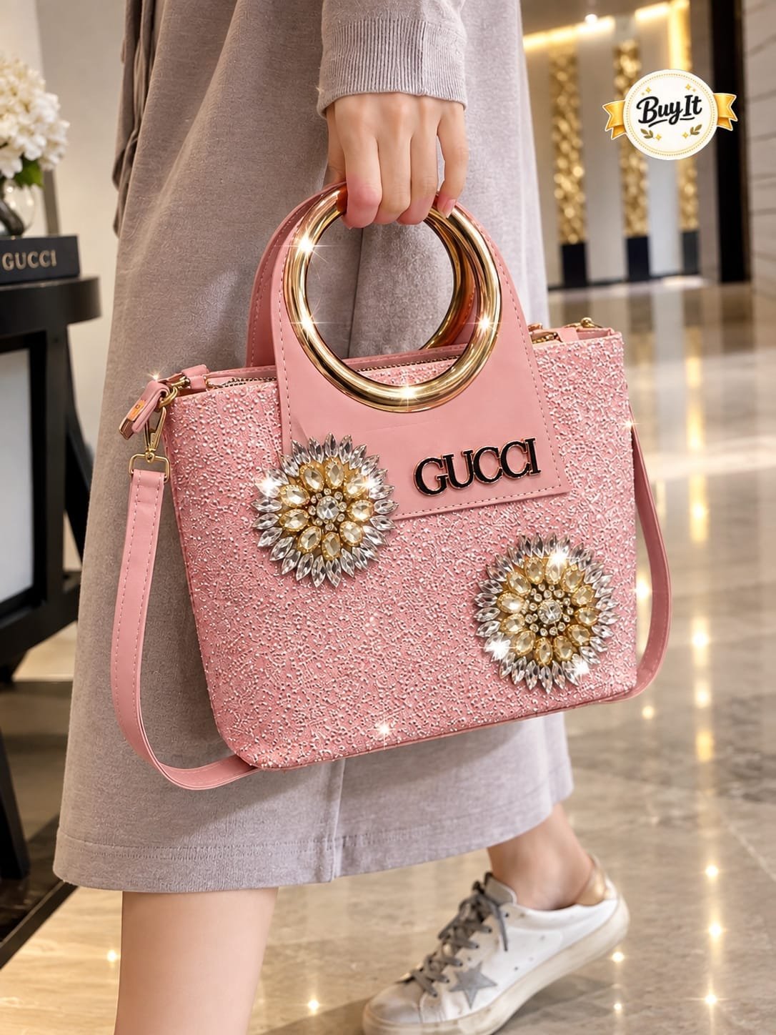 Crystal Sunflower Embellished Ring Top-Handle Tote
