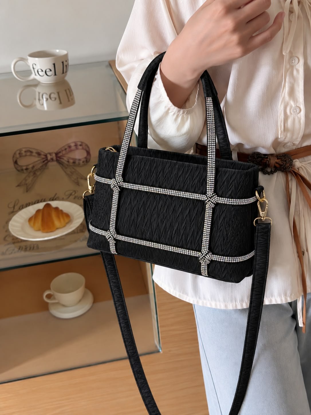 Rhinestone Lattice Textured Shoulder Bag