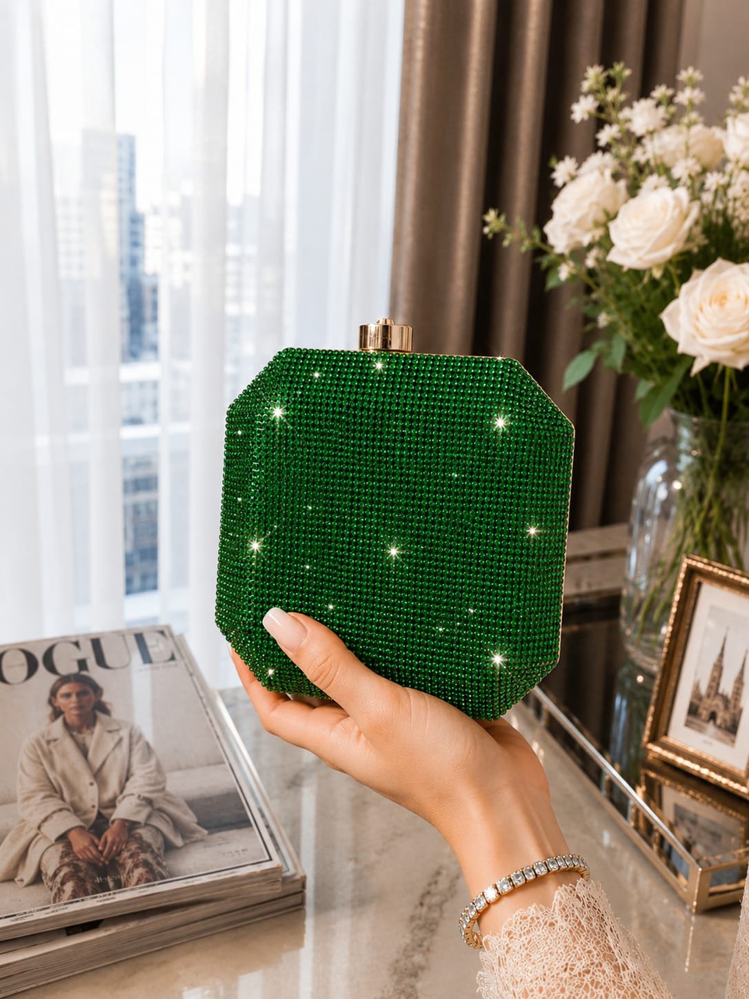 Octagon Crystal Encrusted Evening Box Clutch