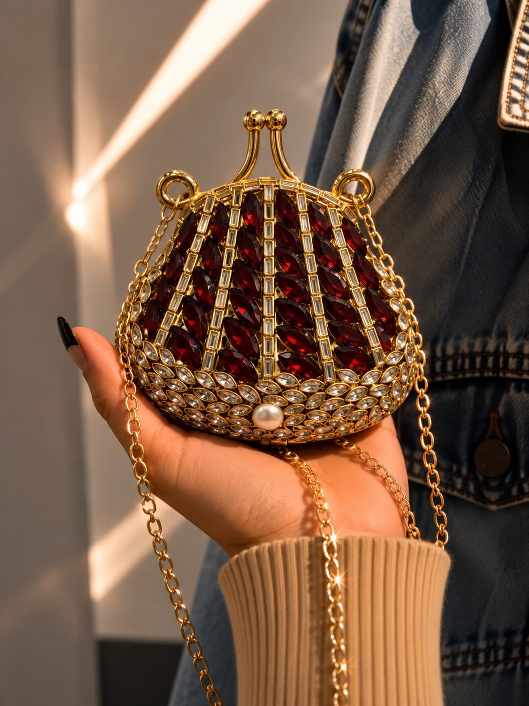 Heart-Shaped Crystal Leaf Embellished Evening Clutch