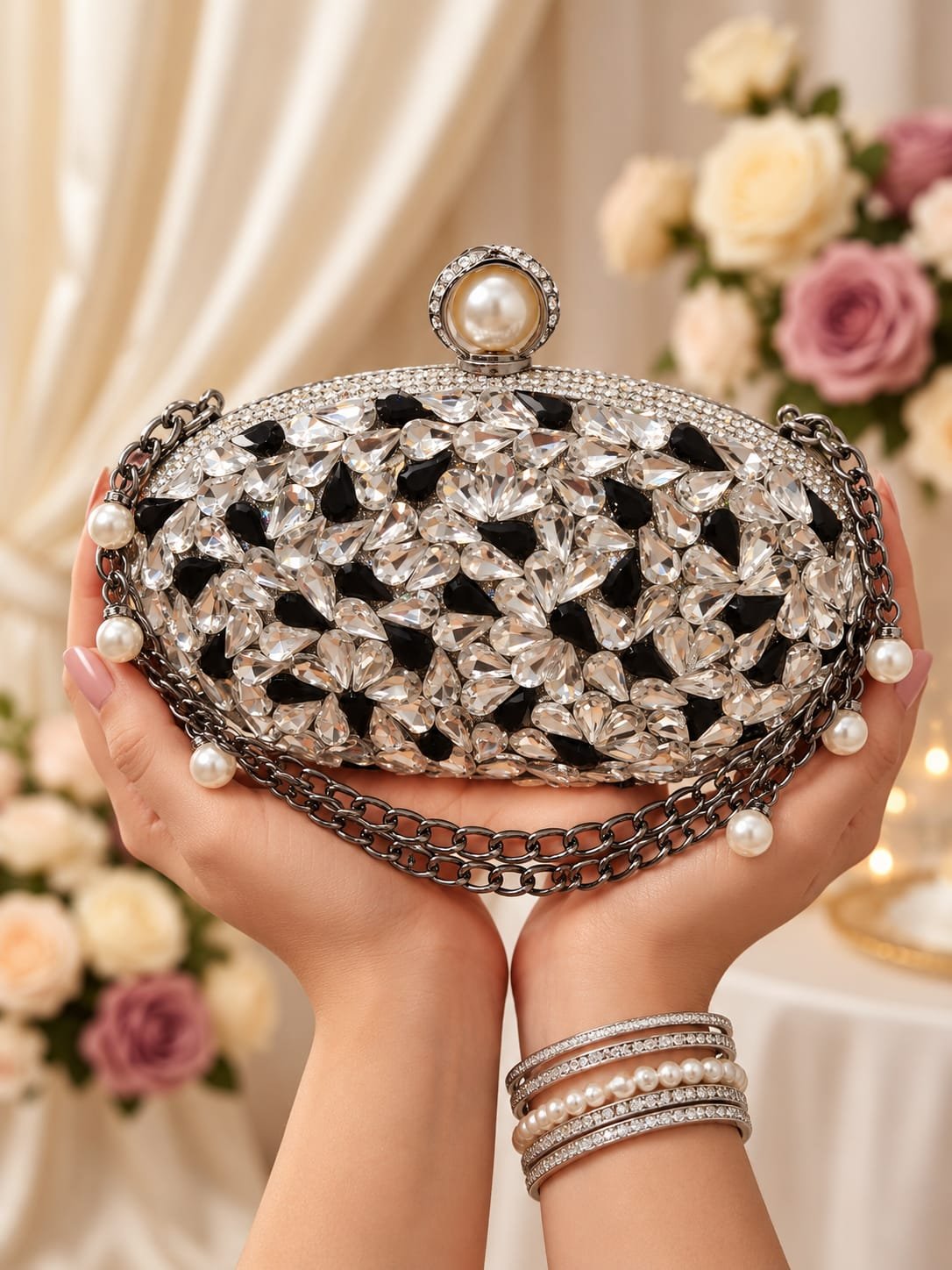 Teardrop Crystal Oval Pearl-Draped Evening Clutch