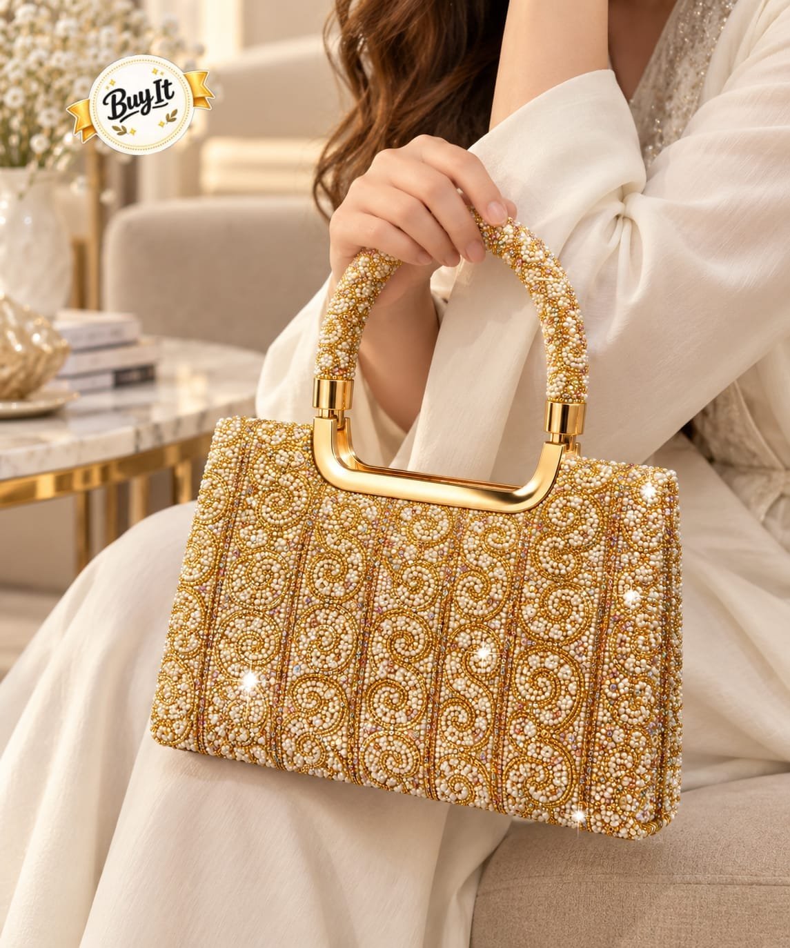 Pearl & Crystal Swirl Embellished Evening Tote