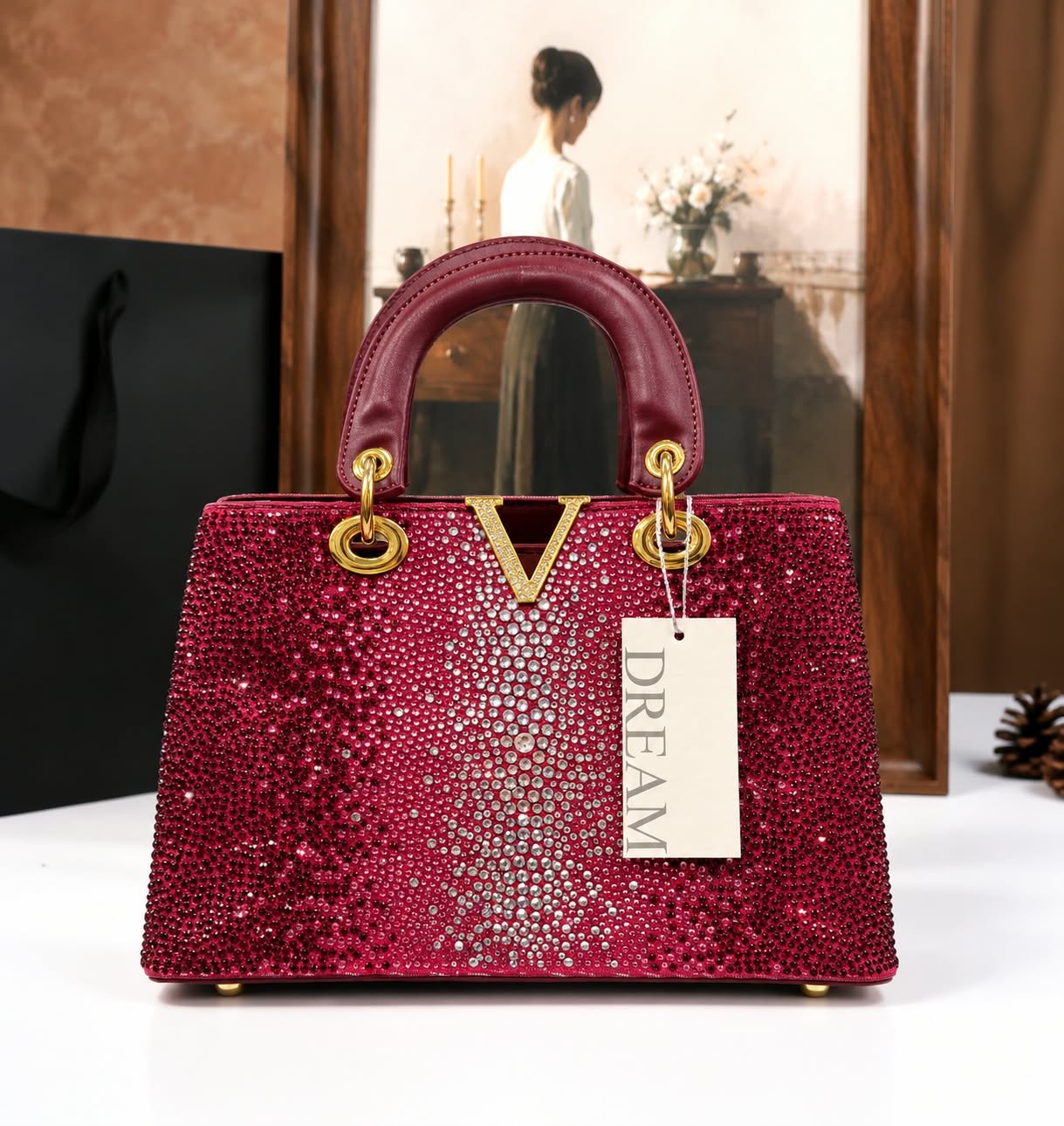 Graduated Rhinestone Top-Handle Satchel with V-Emblem