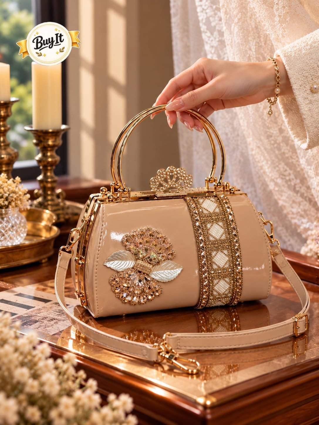 Royal Crystal Patent Frame Handbag