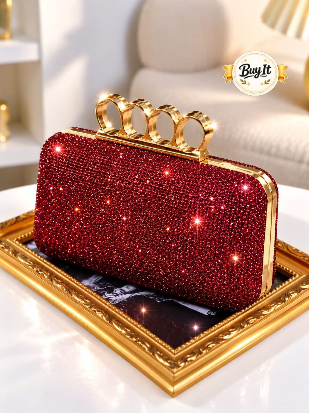 Four-Ring Crystal Embellished Box Clutch